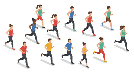 Isometric group of diverse runners in motion on white background