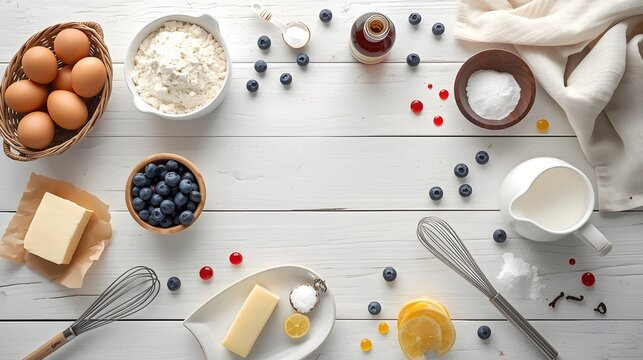 Baking ingredients arranged in a circle on a white wooden table