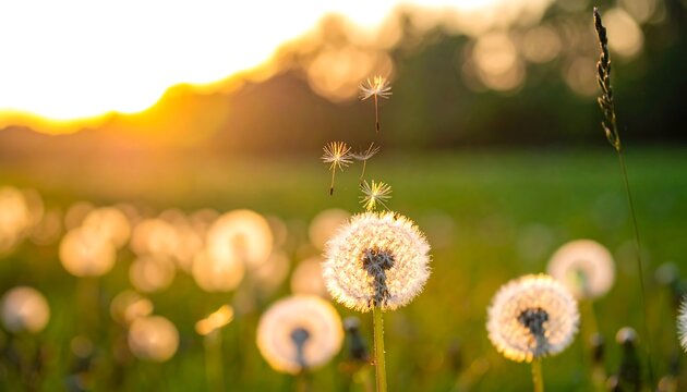 Dandelions in a field backlit by a golden sunset with seeds floating in the air, soft focus and warm tones