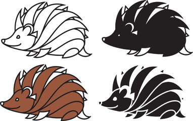 Stylized hedgehog vector set with outline, silhouette, and colored variations for graphic design