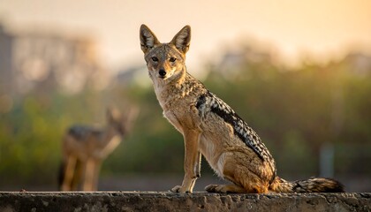 Alert jackal perches on a wall, looking at the viewer, with another jackal blurred in background against soft sunset light