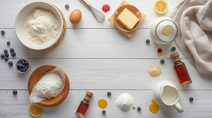 Baking ingredients arranged on a white wooden surface