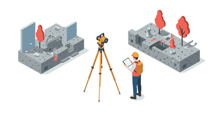 Surveyor using theodolite for construction site mapping in isometric style