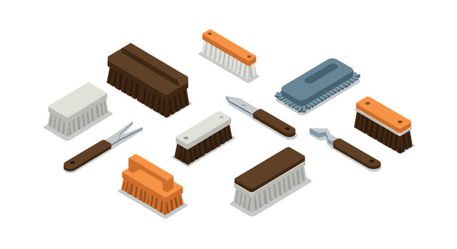 Isometric set of cleaning brushes and tools for home maintenance