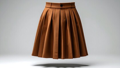A-line, pleated, tan skirt with a button detail floats against a neutral background