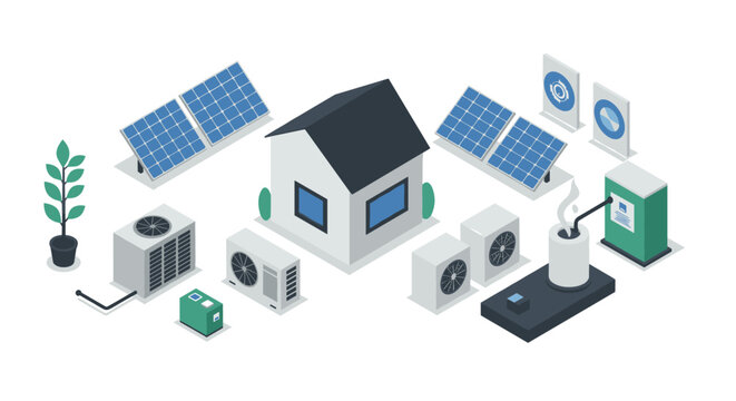 Sustainable energy solutions: isometric home with solar panels and hvac systems