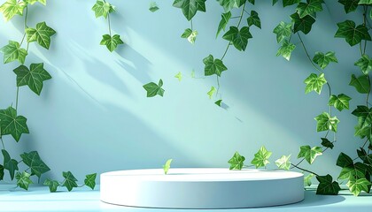 A white cylindrical platform is presented against a pale blue backdrop adorned with trailing ivy vines
