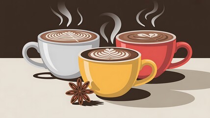Three steaming coffee cups with latte art and star anise hot drink beverage