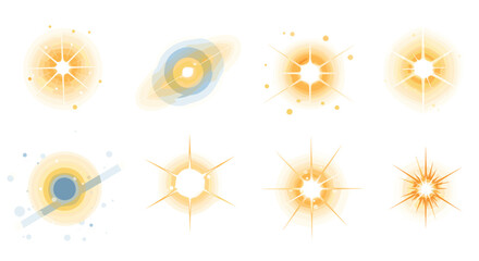 Set of glowing starburst effects with soft gradient colors and radiant highlights