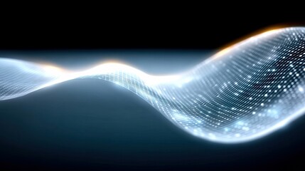 A luminous, abstract digital wave composed of tiny glowing particles flows across a dark, atmospheric background, suggesting data transfer or energy.