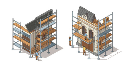 Isometric building construction process with scaffolding and workers