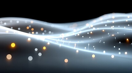 Abstract background with flowing light waves and scattered bokeh particles, creating a futuristic and ethereal mood.