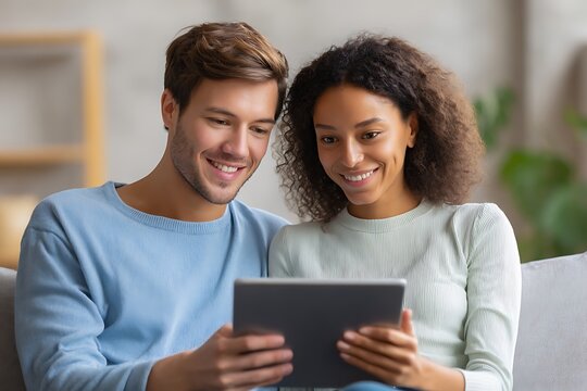 Happy mixed race couple relaxing on a couch, enjoying media on a tablet