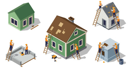 Home renovation process with workers fixing roof and walls in isometric style