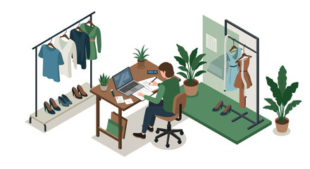 Isometric fashion designer workspace with sewing tools and clothing racks