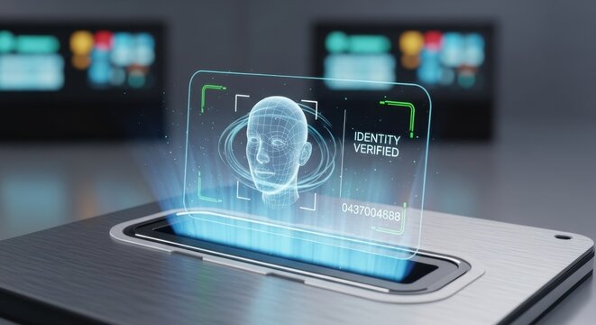 Futuristic face recognition technology verifying identity with holographic display