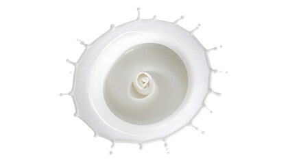 An aerial view of a swirl of white liquid, creating a captivating abstract spiral with droplets radiating outwards