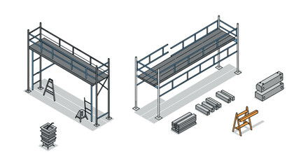 Isometric construction scaffolding set with building materials and tools