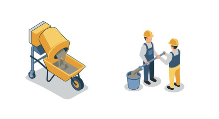 Isometric concrete mixer and workers with helmets in construction scene