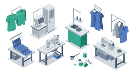 Fototapeta premium Isometric tailoring workshop with sewing machines and apparel on hangers