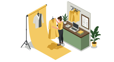 Fashion designer adjusting outfit in modern studio with isometric design