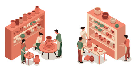 Isometric pottery workshop with people crafting ceramics and displaying handmade pots