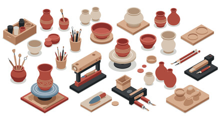 Isometric ceramic pottery tools and supplies for creative art projects