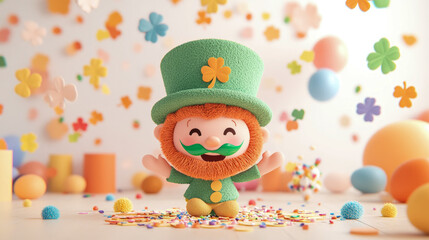 Naklejka premium Adorable Green-Hatted Leprechaun Figurine Joyfully Celebrating St. Patrick's Day Amidst Floating Shamrocks and Vibrant Confetti