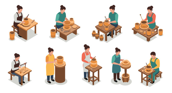 Isometric ceramics creation: potters at work in various stages and techniques
