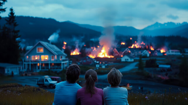 Three people watch rural village ablaze from hilltop vantage point, multiple houses burning and smoke rising against dark, mountainous horizon at twilight, creating scene of somber observation and wid