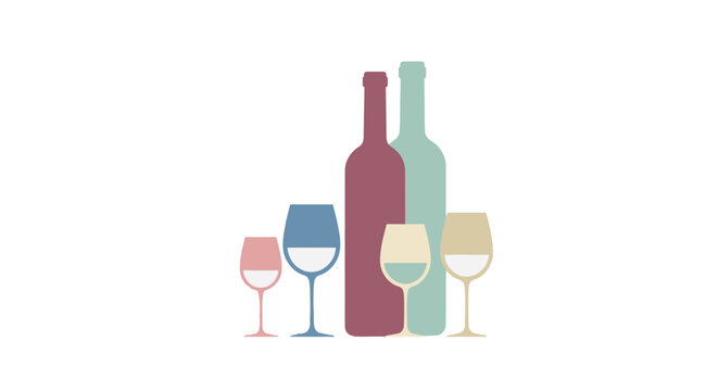 Stylized illustration of wine bottles and glasses in various colors on a white background. - Powered by Adobe