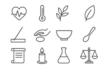 Fototapeta premium Diagnosis Therapy Icons. Line style icons of Diagnosis & Therapy: Pulse, Thermometer, Herb, Leaf; Acupuncture Needle, Massage Hand