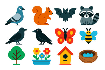 City Wildlife Icons. Flat vector icons of City Wildlife: Pigeon, Squirrel, Bat, Raccoon, Fox, Crow, Butterfly, Bee, Urban Tree,
