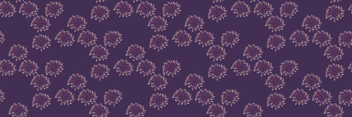 Seamless vector pattern featuring stylized chrysanthemum blooms in soft blush and deep red tones on a rich purple background. Elegant floral design for textiles and stationery