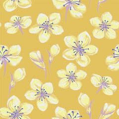 Obraz premium Seamless vector floral pattern with large hand painted yellow blossoms, soft lavender accents, and bold blue stamens on a warm golden background. Vibrant artistic design for textiles and decor