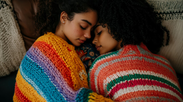 Two young diverse women in colorful knit sweaters cuddling intimately, their heads touching in peaceful and affectionate embrace, showcasing warmth and connection - Powered by Adobe