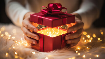 Hands holding open a glowing red gift box with christmas lights