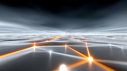 An abstract digital landscape with a grid of interconnected nodes glowing orange and white, stretching towards a horizon under a dark, streaked sky.