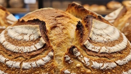 Golden-crusted artisan sourdough loaf, beautifully scored and dusted with flour, showcasing rustic charm and the comforting aroma of a traditional bakery creation