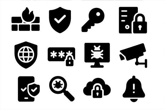 Cybersecurity Tools Icons. Solid style icons of cybersecurity tools: firewall, antivirus shield, encryption key, secure server,