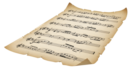 Aged parchment with handwritten musical notes and symbols isolated on transparent background