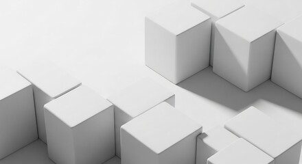 An arrangement of white cubes some full height others shorter bathed in directional light