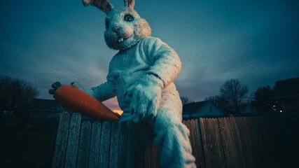 A large bunny in a soft costume hugs a giant carrot while sitting by a wooden fence at twilight.
