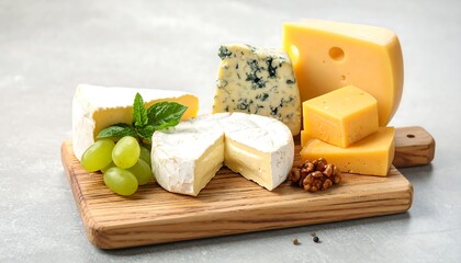 An assortment of various cheeses are arranged on a wooden cutting board with grapes and walnuts on a gray surface