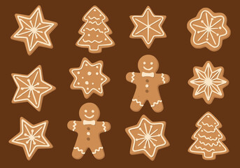 A delightful assortment of traditional Christmas gingerbread cookies, featuring decorated stars, trees, and smiling gingerbread men