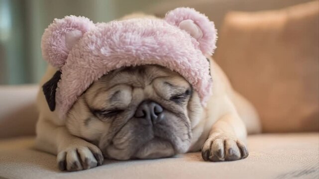 Sweet pug dog wearing cute pink bear hat while lying down on couch. Cute lazy pet animal in costume for fun and celebration. Funny doggy sleeping at home. Sad hungry upset puppy.