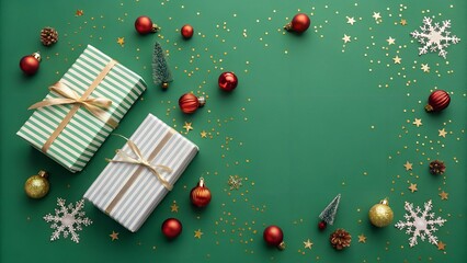 Festive christmas presents wrapped in green and white stripes adorned with ribbons surrounded by ornaments snowflakes and glitter on a vibrant green background