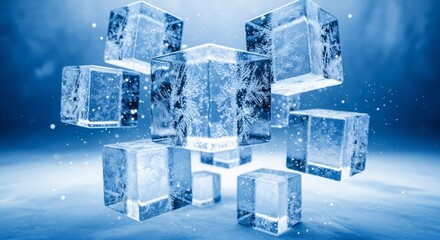 Floating translucent ice cubes with crystallike patterns on their surfaces against a blurred blue background