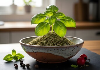 Fresh Basil Plant in Herb Bowl with Spices