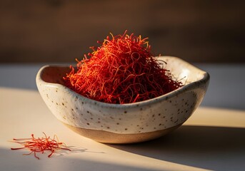 Premium Saffron Threads in Rustic Ceramic Bowl